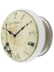 White Porcelain Eiffel Tower Clock-Face Cabinet Knob with Brass Base in Polished Nickel.